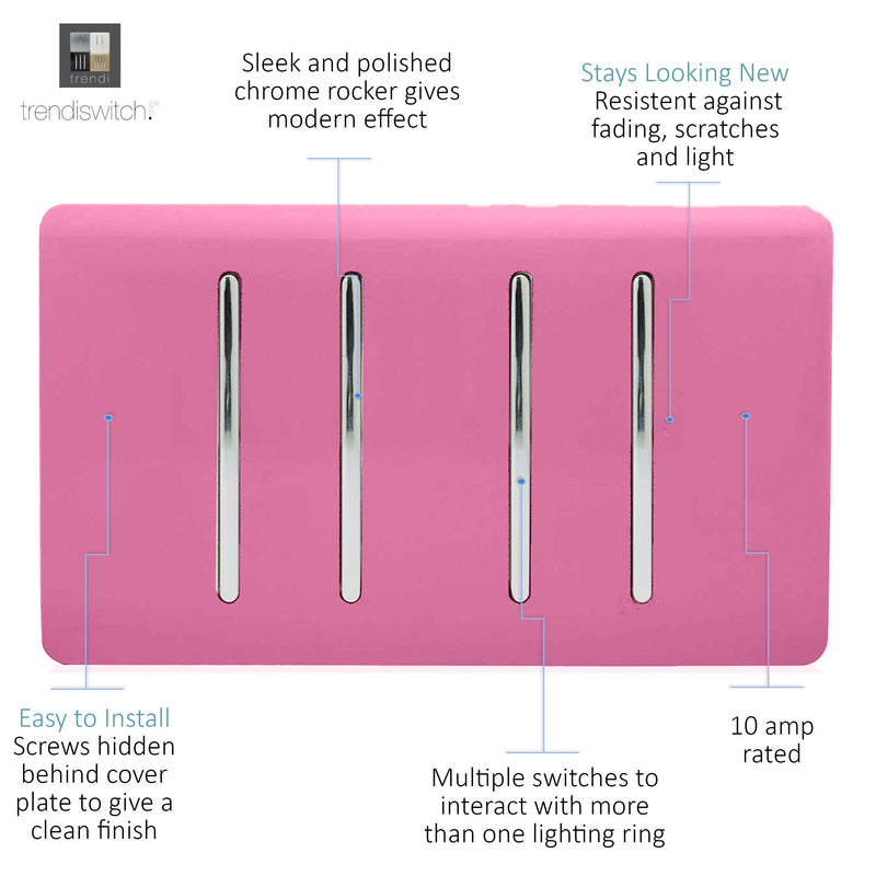 Load image into Gallery viewer, Trendi Switch ART-SS2229PK, Artistic Modern 4 Gang  (3x 2 Way 1x 3 Way Intermediate Twin Plate) Pink Finish, BRITISH MADE, (25mm Back Box Required), 5yrs Warranty - 53926
