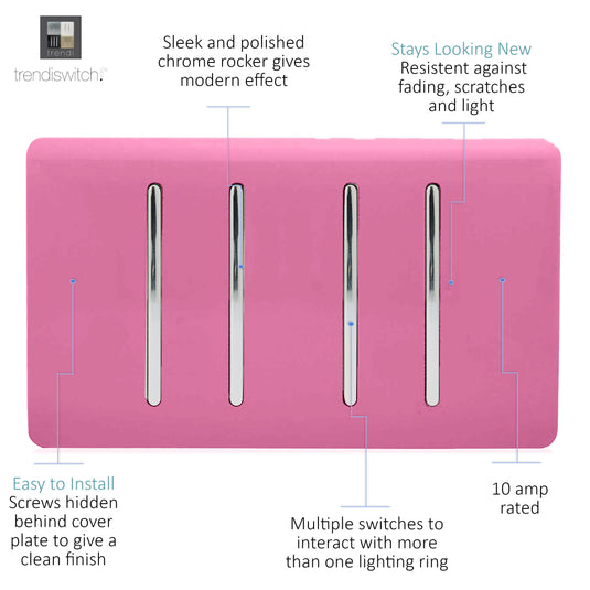 Trendi Switch ART-SS2999PK, Artistic Modern 4 Gang  (1x 2 Way 3x 3 Way Intermediate Twin Plate) Pink, BRITISH MADE, (25mm Back Box Required), 5yrs Warranty - 53968