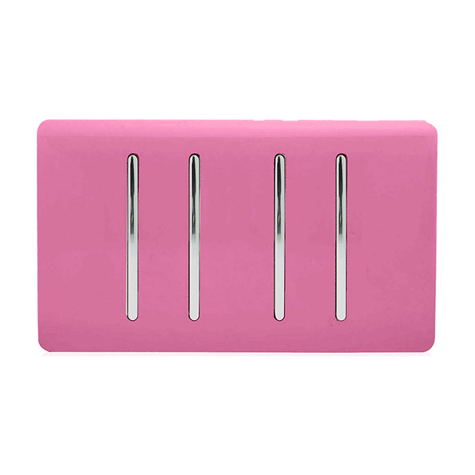 Trendi Switch ART-SS44PK, Artistic Modern 4 Gang 2 Way 10 Amp Rocker Twin Plate Pink Finish, BRITISH MADE, (25mm Back Box Required), 5yrs Warranty - 54025