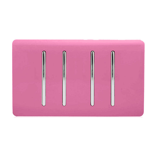 Trendi Switch ART-SS44PK, Artistic Modern 4 Gang 2 Way 10 Amp Rocker Twin Plate Pink Finish, BRITISH MADE, (25mm Back Box Required), 5yrs Warranty - 54025