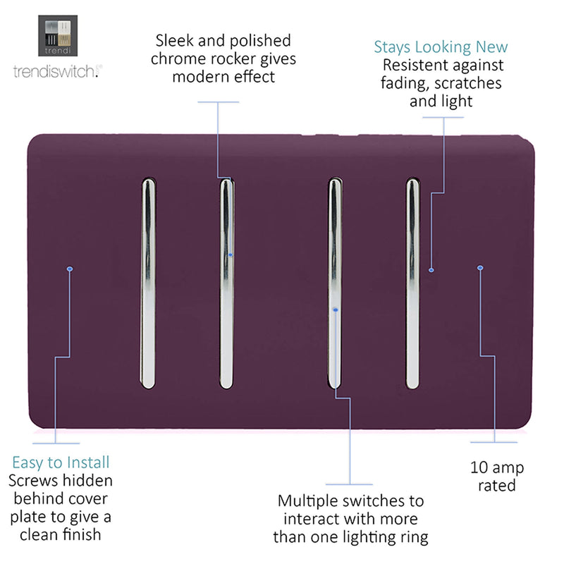 Load image into Gallery viewer, Trendi Switch ART-SS44PL, Artistic Modern 4 Gang 2 Way 10 Amp Rocker Twin Plate Plum Finish, BRITISH MADE, (25mm Back Box Required), 5yrs Warranty - 54026
