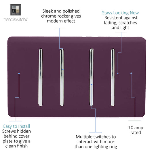 Trendi Switch ART-SS44PL, Artistic Modern 4 Gang 2 Way 10 Amp Rocker Twin Plate Plum Finish, BRITISH MADE, (25mm Back Box Required), 5yrs Warranty - 54026