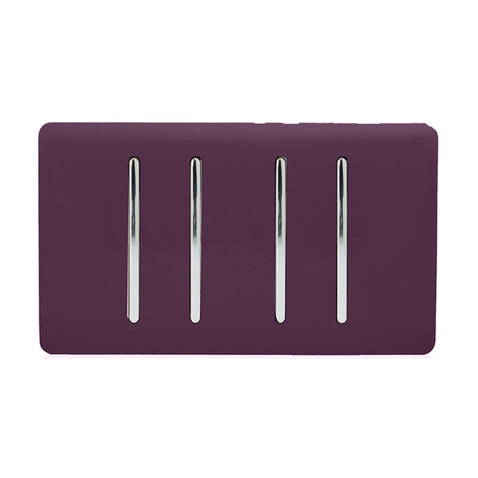 Trendi Switch ART-SS44PL, Artistic Modern 4 Gang 2 Way 10 Amp Rocker Twin Plate Plum Finish, BRITISH MADE, (25mm Back Box Required), 5yrs Warranty - 54026