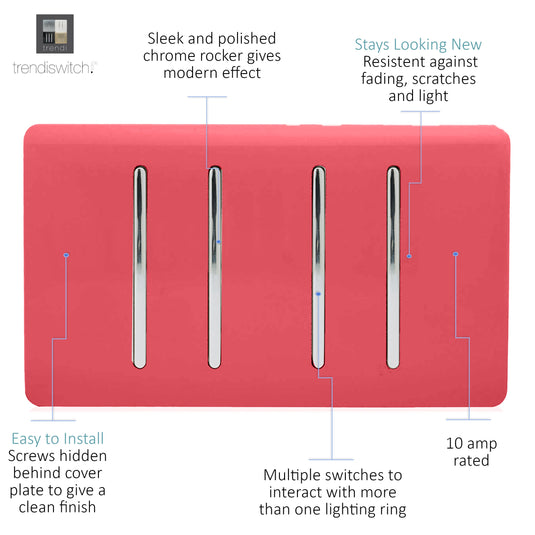 Trendi Switch ART-SS2229SB, Artistic Modern 4 Gang  (3x 2 Way 1x 3 Way Intermediate Twin Plate) Strawberry Finish, BRITISH MADE, (25mm Back Box Required), 5yrs Warranty - 53928