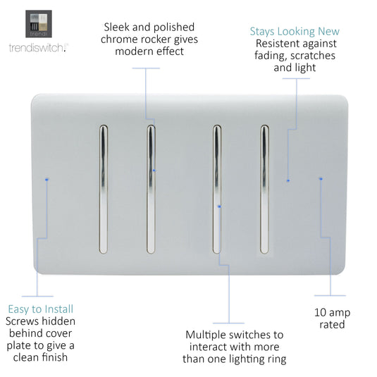 Trendi Switch ART-SS9999SI, Artistic Modern 4 Gang (4xIntermediate) 10 Amp Rocker Silver Finish, BRITISH MADE, (25mm Back Box Required), 5yrs Warranty - 54137