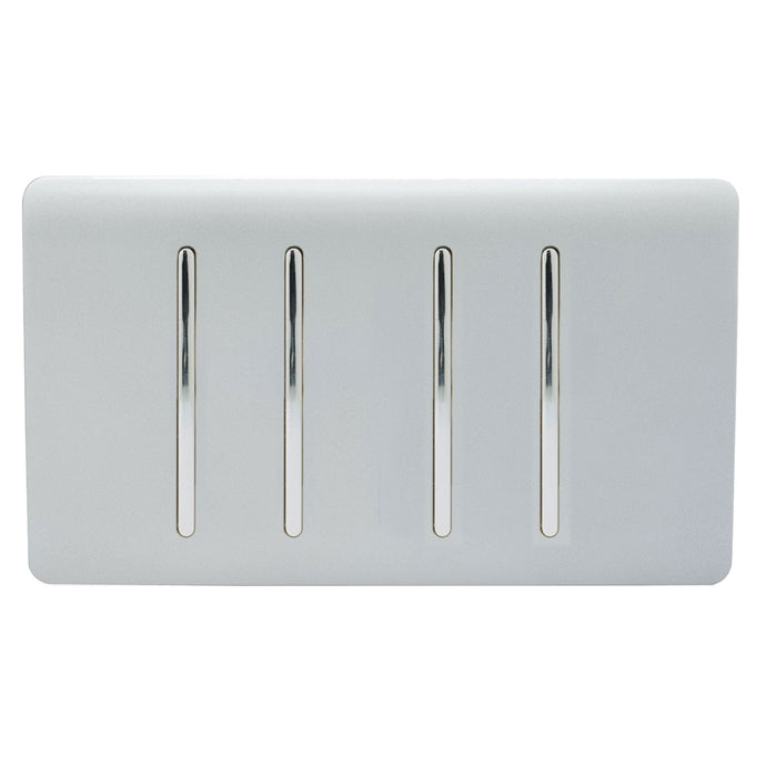 Trendi Switch ART-SS2299SI, Artistic Modern 4 Gang (2x2 Way, 2xIntermediate) 10 Amp Rocker Silver Finish, BRITISH MADE, (25mm Back Box Required), 5yrs Warranty - 53950