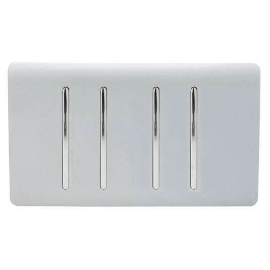 Trendi Switch ART-SS2299SI, Artistic Modern 4 Gang (2x2 Way, 2xIntermediate) 10 Amp Rocker Silver Finish, BRITISH MADE, (25mm Back Box Required), 5yrs Warranty - 53950