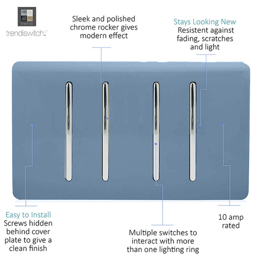 Trendi Switch ART-SS2229SK, Artistic Modern 4 Gang  (3x 2 Way 1x 3 Way Intermediate Twin Plate) Sky Finish, BRITISH MADE, (25mm Back Box Required), 5yrs Warranty - 53930