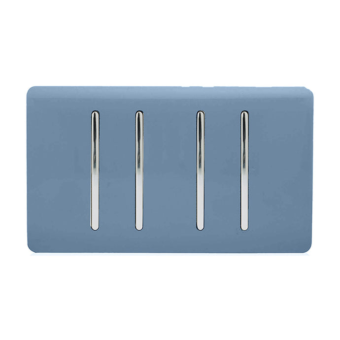 Trendi Switch ART-SS44SK, Artistic Modern 4 Gang 2 Way 10 Amp Rocker Twin Plate Sky Finish, BRITISH MADE, (25mm Back Box Required), 5yrs Warranty - 54028