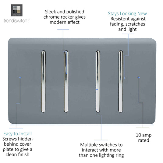 Trendi Switch ART-SS2299WG, Artistic Modern 4 Gang (2x2 Way, 2xIntermediate) 10 Amp Rocker Warm Grey Finish, BRITISH MADE, (25mm Back Box Required), 5yrs Warranty - 53952