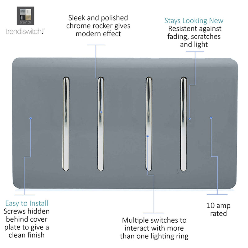 Load image into Gallery viewer, Trendi Switch ART-SS44WG, Artistic Modern 4 Gang 2 Way 10 Amp Rocker Twin Plate Warm Grey Finish, BRITISH MADE, (25mm Back Box Required), 5yrs Warranty - 54029
