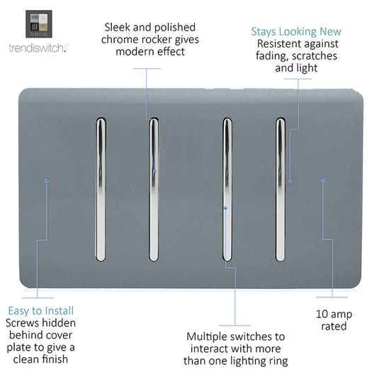 Trendi Switch ART-SS44WG, Artistic Modern 4 Gang 2 Way 10 Amp Rocker Twin Plate Warm Grey Finish, BRITISH MADE, (25mm Back Box Required), 5yrs Warranty - 54029