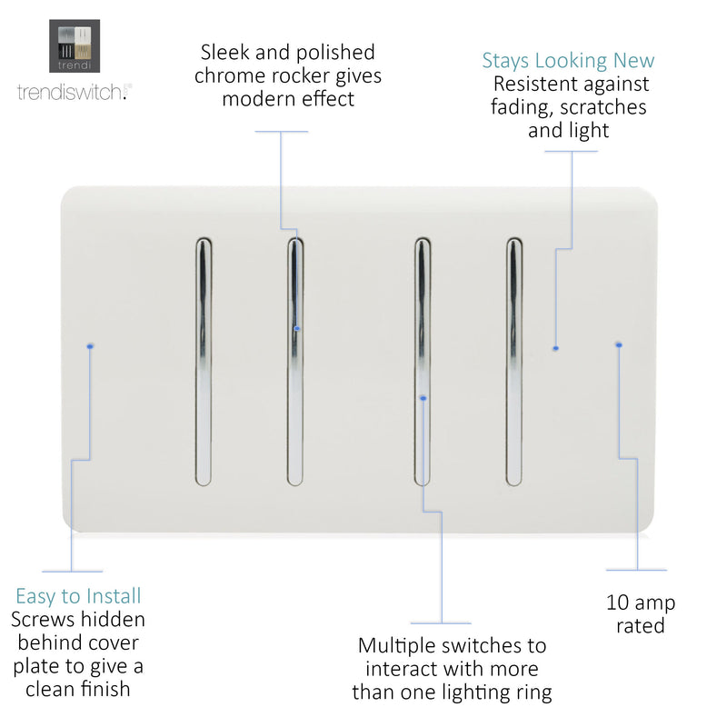 Load image into Gallery viewer, Trendi Switch ART-SS2229WH, Artistic Modern 4 Gang  (3x 2 Way 1x 3 Way Intermediate Twin Plate) Gloss White Finish, BRITISH MADE, (25mm Back Box Required), 5yrs Warranty - 43883
