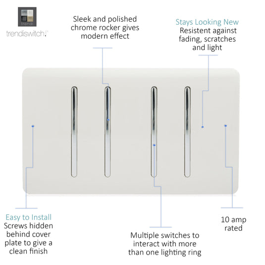 Trendi Switch ART-SS2229WH, Artistic Modern 4 Gang  (3x 2 Way 1x 3 Way Intermediate Twin Plate) Gloss White Finish, BRITISH MADE, (25mm Back Box Required), 5yrs Warranty - 43883