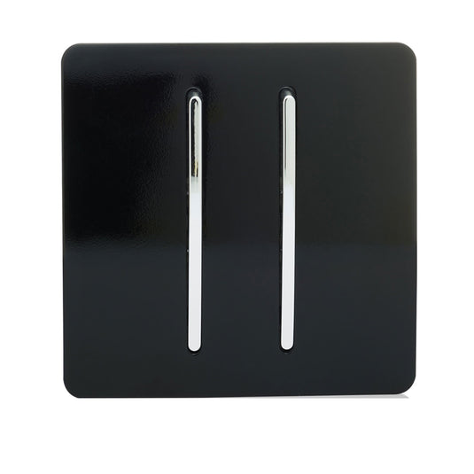 Trendi Switch ART-SS99BK, Artistic Modern 2 Gang Intermediate 10 Amp Rocker Gloss Black Finish, BRITISH MADE, (25mm Back Box Required), 5yrs Warranty - 43912
