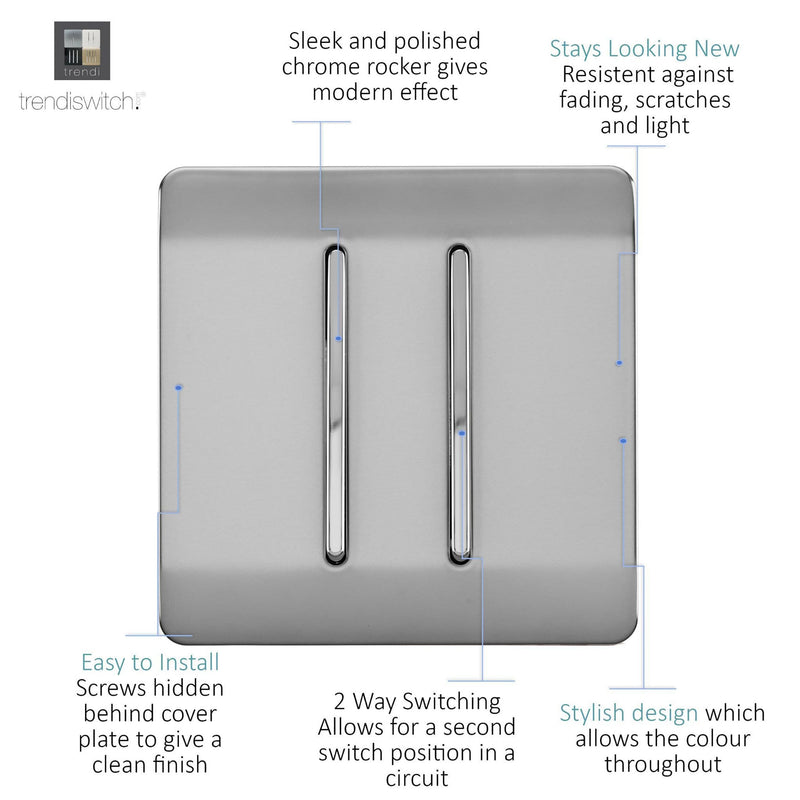 Load image into Gallery viewer, Trendi Switch ART-SS29BS, Artistic Modern 2 Gang (1x2 Way, 1xIntermediate) 10 Amp Rocker Brushed Steel Finish, BRITISH MADE, (25mm Back Box Required), 5yrs Warranty - 53974
