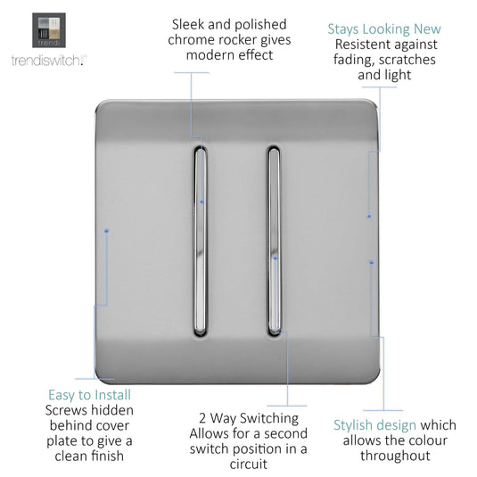 Trendi Switch ART-SS29BS, Artistic Modern 2 Gang (1x2 Way, 1xIntermediate) 10 Amp Rocker Brushed Steel Finish, BRITISH MADE, (25mm Back Box Required), 5yrs Warranty - 53974