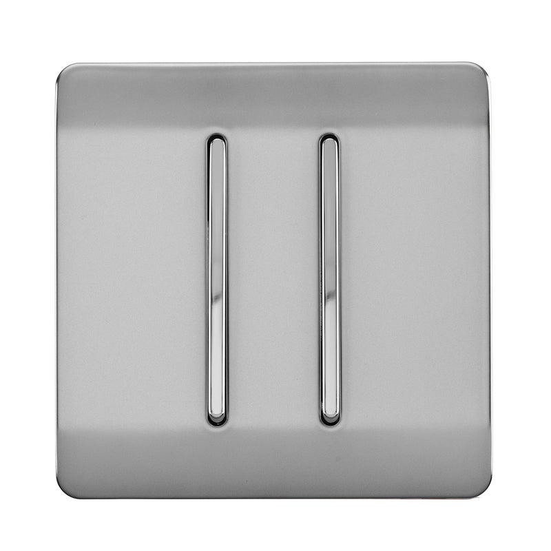 Load image into Gallery viewer, Trendi Switch ART-SS29BS, Artistic Modern 2 Gang (1x2 Way, 1xIntermediate) 10 Amp Rocker Brushed Steel Finish, BRITISH MADE, (25mm Back Box Required), 5yrs Warranty - 53974
