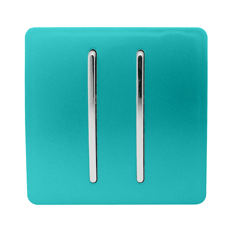 Load image into Gallery viewer, Trendi Switch ART-SS29BT, Artistic Modern 2 Gang (1x2 Way, 1xIntermediate) 10 Amp Rocker Bright Teal Finish, BRITISH MADE, (25mm Back Box Required), 5yrs Warranty - 53975
