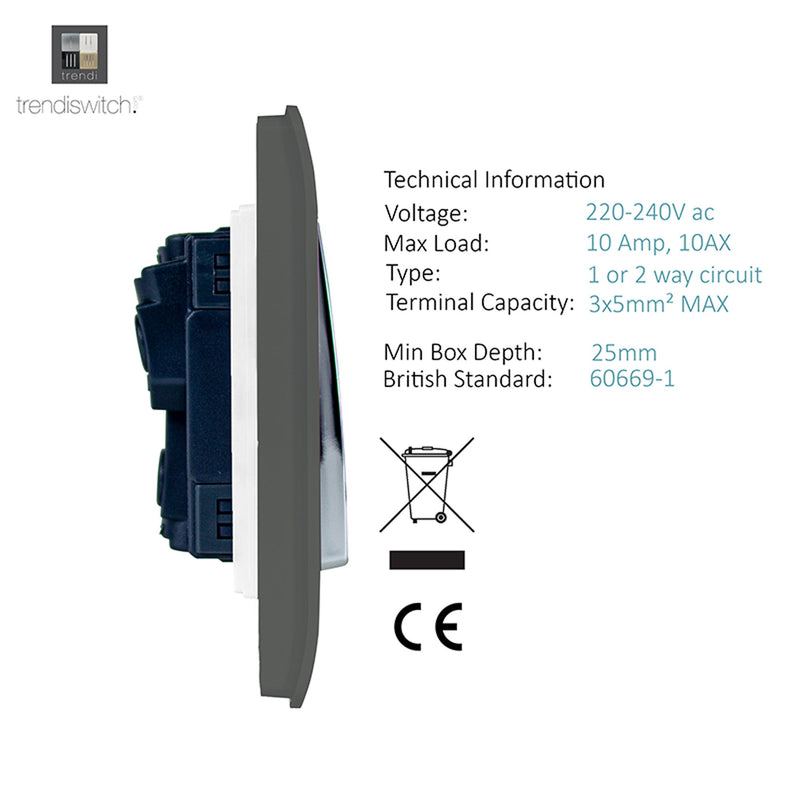 Load image into Gallery viewer, Trendi Switch ART-SS29CH, Artistic Modern 2 Gang (1x2 Way, 1xIntermediate) 10 Amp Rocker Charcoal Finish, BRITISH MADE, (25mm Back Box Required), 5yrs Warranty - 53977
