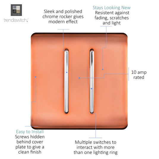 Trendi Switch ART-SS29CPR, Artistic Modern 2 Gang (1x2 Way, 1xIntermediate) 10 Amp Rocker Copper Finish, BRITISH MADE, (25mm Back Box Required), 5yrs Warranty - 53978