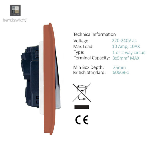 Trendi Switch ART-SS29CPR, Artistic Modern 2 Gang (1x2 Way, 1xIntermediate) 10 Amp Rocker Copper Finish, BRITISH MADE, (25mm Back Box Required), 5yrs Warranty - 53978