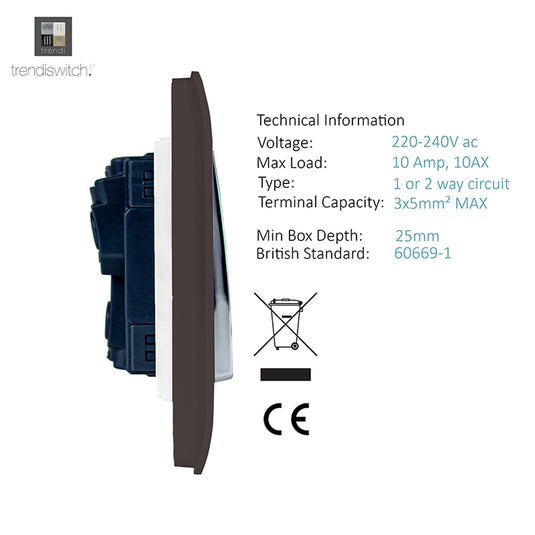 Trendi Switch ART-SS29DB, Artistic Modern 2 Gang (1x2 Way, 1xIntermediate) 10 Amp Rocker Dark Brown Finish, BRITISH MADE, (25mm Back Box Required), 5yrs Warranty - 53979