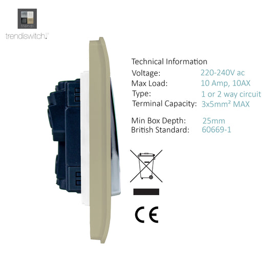 Trendi Switch ART-SS29GO, Artistic Modern 2 Gang (1x2 Way, 1xIntermediate) 10 Amp Rocker Champagne Gold Finish, BRITISH MADE, (25mm Back Box Required), 5yrs Warranty - 53981