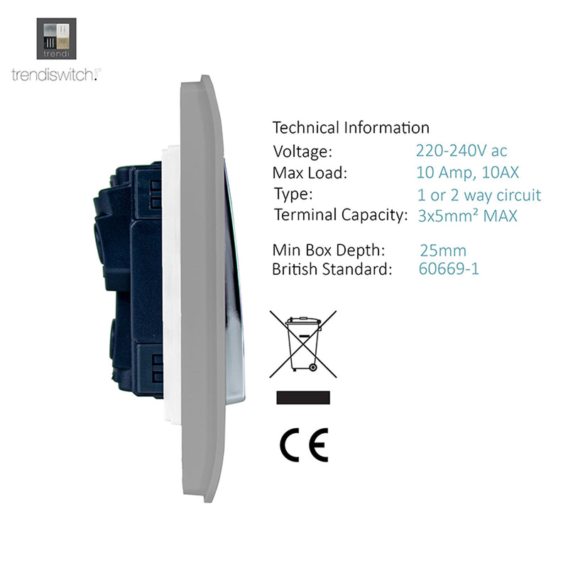 Load image into Gallery viewer, Trendi Switch ART-SS29LG, Artistic Modern 2 Gang (1x2 Way, 1xIntermediate) 10 Amp Rocker Light Grey Finish, BRITISH MADE, (25mm Back Box Required), 5yrs Warranty - 53982
