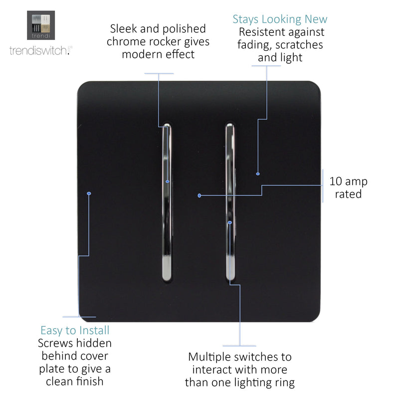 Load image into Gallery viewer, Trendi Switch ART-SS29MBK, Artistic Modern 2 Gang (1x2 Way, 1xIntermediate) 10 Amp Rocker Matt Black Finish, BRITISH MADE, (25mm Back Box Required), 5yrs Warranty - 53983
