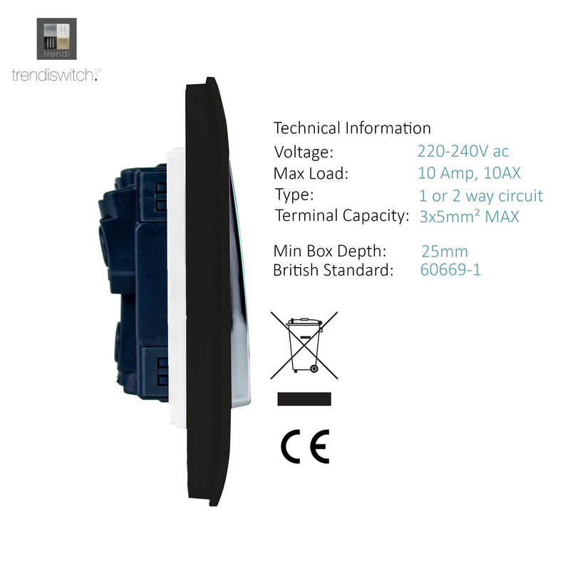 Load image into Gallery viewer, Trendi Switch ART-SS29MBK, Artistic Modern 2 Gang (1x2 Way, 1xIntermediate) 10 Amp Rocker Matt Black Finish, BRITISH MADE, (25mm Back Box Required), 5yrs Warranty - 53983
