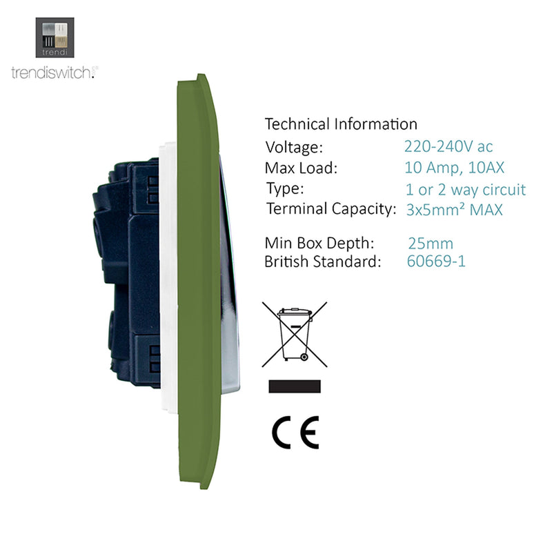 Load image into Gallery viewer, Trendi Switch ART-SS29MG, Artistic Modern 2 Gang (1x2 Way, 1xIntermediate) 10 Amp Rocker Moss Green Finish, BRITISH MADE, (25mm Back Box Required), 5yrs Warranty - 53985
