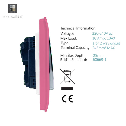 Trendi Switch ART-SS29PK, Artistic Modern 2 Gang (1x2 Way, 1xIntermediate) 10 Amp Rocker Pink Finish, BRITISH MADE, (25mm Back Box Required), 5yrs Warranty - 53989