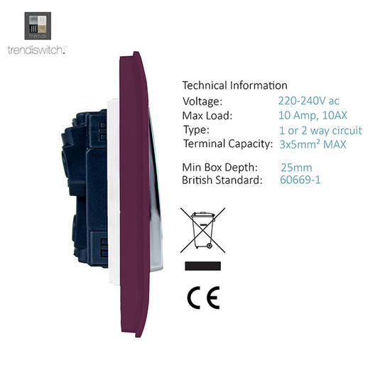 Trendi Switch ART-SS29PL, Artistic Modern 2 Gang (1x2 Way, 1xIntermediate) 10 Amp Rocker Plum Finish, BRITISH MADE, (25mm Back Box Required), 5yrs Warranty - 53990