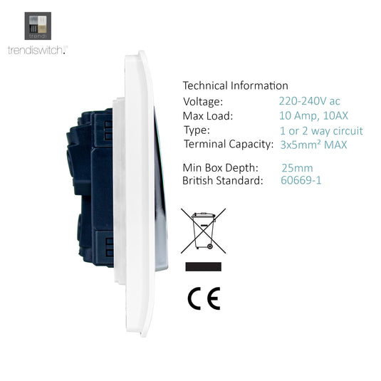 Trendi Switch ART-SS29WH, Artistic Modern 2 Gang (1x2 Way, 1xIntermediate) 10 Amp Rocker Gloss White Finish, BRITISH MADE, (25mm Back Box Required), 5yrs Warranty - 43890