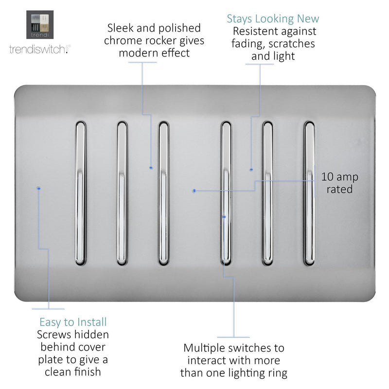 Load image into Gallery viewer, Trendi Switch ART-SS66BS, Artistic Modern 6 Gang 2 Way 10 Amp Rocker Twin Plate Brushed Steel Finish, BRITISH MADE, (35mm Back Box Required), 5yrs Warranty - 54048
