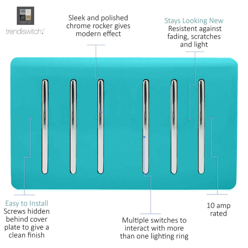 Load image into Gallery viewer, Trendi Switch ART-SS66BT, Artistic Modern 6 Gang 2 Way 10 Amp Rocker Twin Plate Bright Teal Finish, BRITISH MADE, (35mm Back Box Required), 5yrs Warranty - 54049
