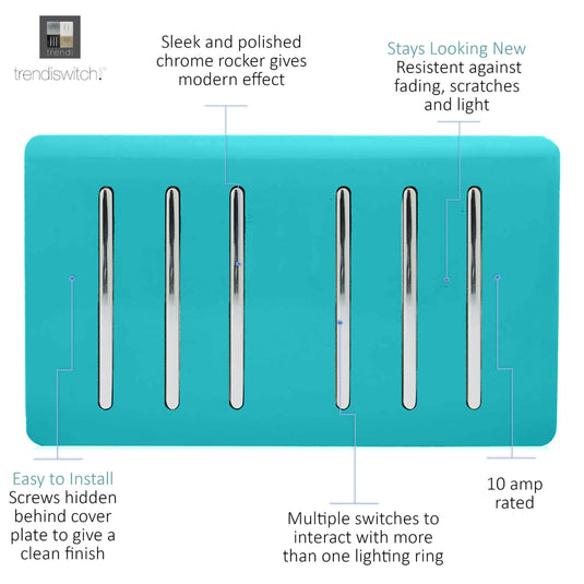 Trendi Switch ART-SS66BT, Artistic Modern 6 Gang 2 Way 10 Amp Rocker Twin Plate Bright Teal Finish, BRITISH MADE, (35mm Back Box Required), 5yrs Warranty - 54049