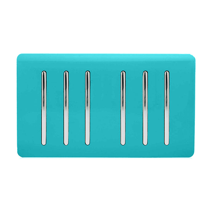 Trendi Switch ART-SS66BT, Artistic Modern 6 Gang 2 Way 10 Amp Rocker Twin Plate Bright Teal Finish, BRITISH MADE, (35mm Back Box Required), 5yrs Warranty - 54049