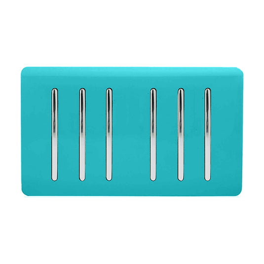 Trendi Switch ART-SS66BT, Artistic Modern 6 Gang 2 Way 10 Amp Rocker Twin Plate Bright Teal Finish, BRITISH MADE, (35mm Back Box Required), 5yrs Warranty - 54049