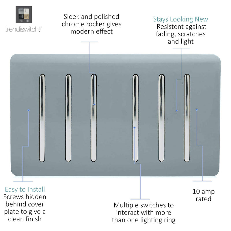 Load image into Gallery viewer, Trendi Switch ART-SS66CG, Artistic Modern 6 Gang 2 Way 10 Amp Rocker Twin Plate Cool Grey Finish, BRITISH MADE, (35mm Back Box Required), 5yrs Warranty - 54050
