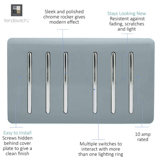 Trendi Switch ART-SS66CG, Artistic Modern 6 Gang 2 Way 10 Amp Rocker Twin Plate Cool Grey Finish, BRITISH MADE, (35mm Back Box Required), 5yrs Warranty - 54050