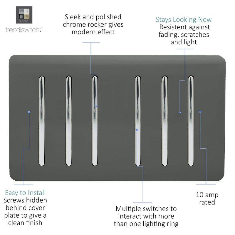 Load image into Gallery viewer, Trendi Switch ART-SS66CH, Artistic Modern 6 Gang 2 Way 10 Amp Rocker Twin Plate Charcoal Finish, BRITISH MADE, (35mm Back Box Required), 5yrs Warranty - 54051
