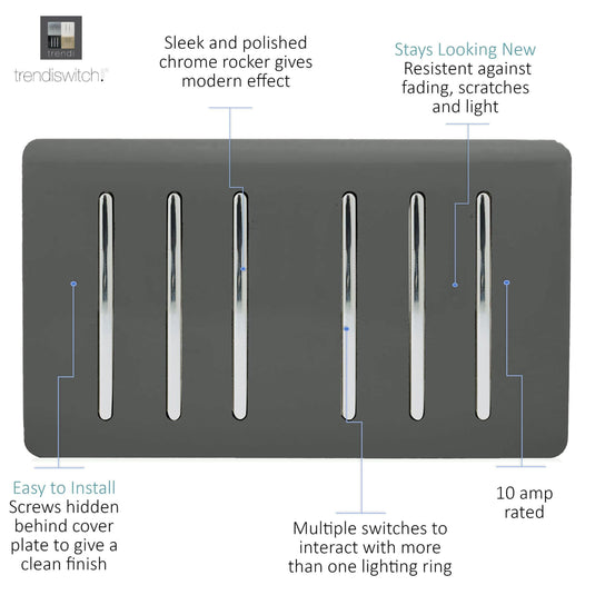 Trendi Switch ART-SS66CH, Artistic Modern 6 Gang 2 Way 10 Amp Rocker Twin Plate Charcoal Finish, BRITISH MADE, (35mm Back Box Required), 5yrs Warranty - 54051