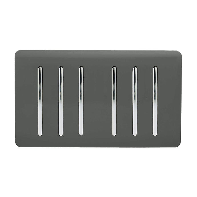 Trendi Switch ART-SS66CH, Artistic Modern 6 Gang 2 Way 10 Amp Rocker Twin Plate Charcoal Finish, BRITISH MADE, (35mm Back Box Required), 5yrs Warranty - 54051