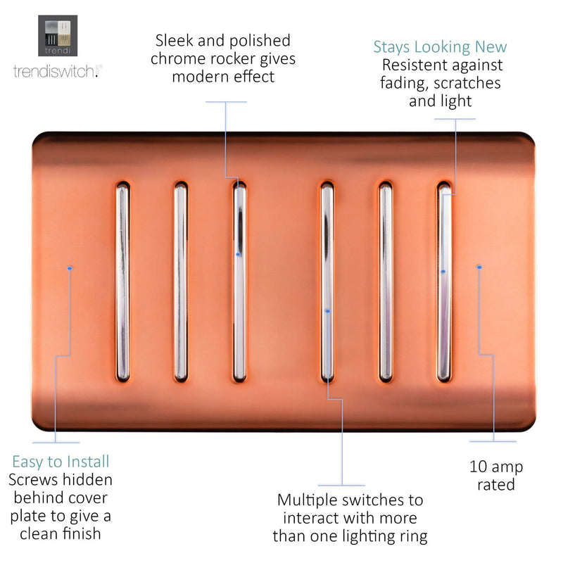 Load image into Gallery viewer, Trendi Switch ART-SS66CPR, Artistic Modern 6 Gang 2 Way 10 Amp Rocker Twin Plate Copper Finish, BRITISH MADE, (35mm Back Box Required), 5yrs Warranty - 54052
