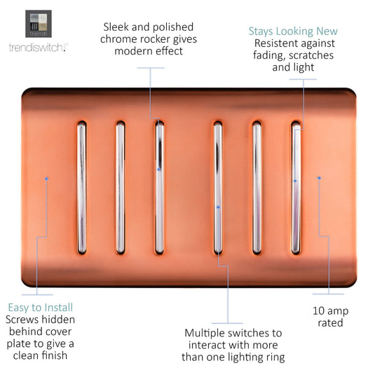 Trendi Switch ART-SS66CPR, Artistic Modern 6 Gang 2 Way 10 Amp Rocker Twin Plate Copper Finish, BRITISH MADE, (35mm Back Box Required), 5yrs Warranty - 54052