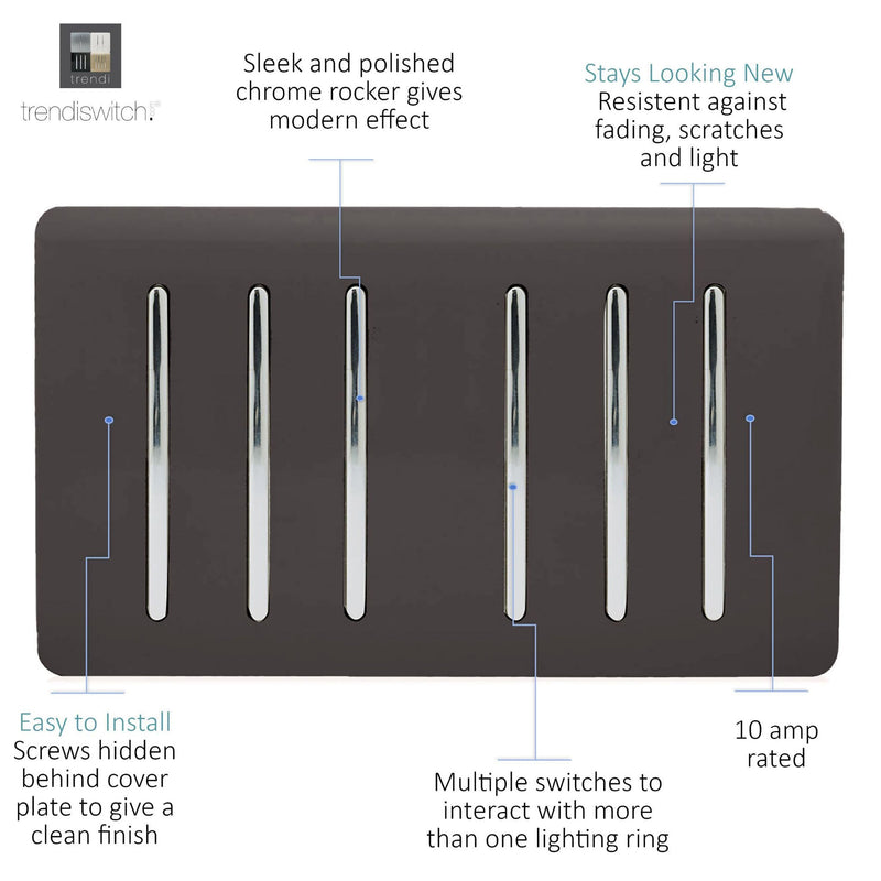 Load image into Gallery viewer, Trendi Switch ART-SS66DB, Artistic Modern 6 Gang 2 Way 10 Amp Rocker Twin Plate Dark Brown Finish, BRITISH MADE, (35mm Back Box Required), 5yrs Warranty - 54053
