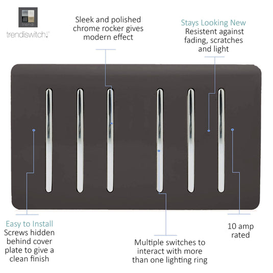Trendi Switch ART-SS66DB, Artistic Modern 6 Gang 2 Way 10 Amp Rocker Twin Plate Dark Brown Finish, BRITISH MADE, (35mm Back Box Required), 5yrs Warranty - 54053