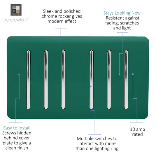 Trendi Switch ART-SS66DG, Artistic Modern 6 Gang 2 Way 10 Amp Rocker Twin Plate Dark Green Finish, BRITISH MADE, (35mm Back Box Required), 5yrs Warranty - 54054